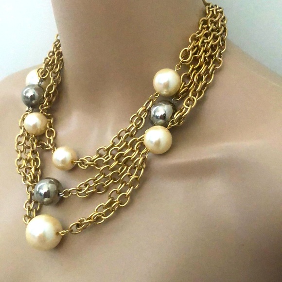 Vintage GIVENCHY Multi Strand Gold Tone Faux Pearl Statement Necklace - Picture 3 of 7